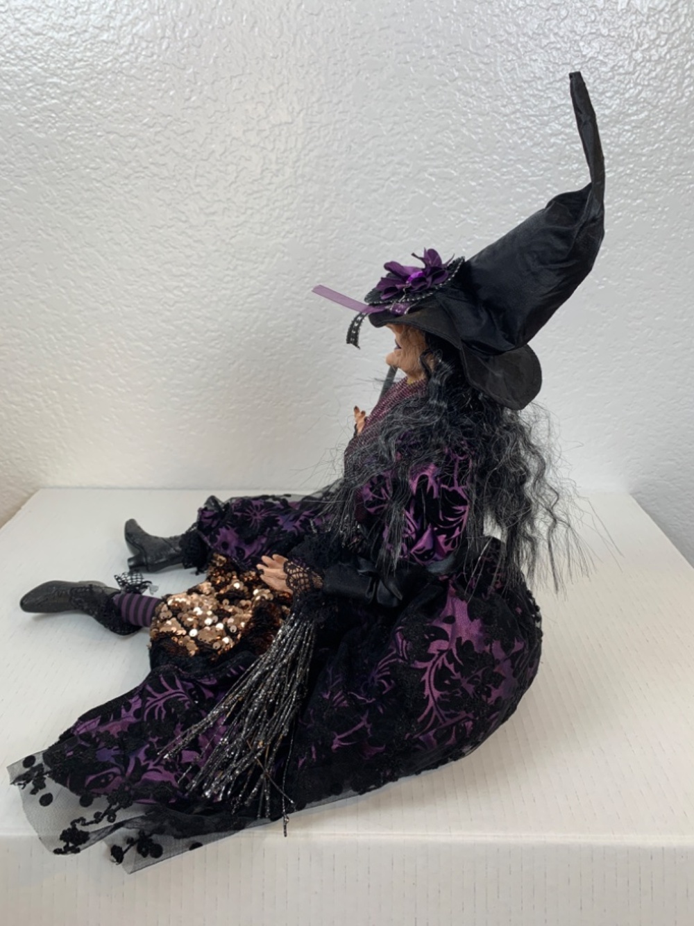 Spooky Old Witch With Broom Doll Shelf Sitter Purple Black Halloween Scary Decor - Picture 14 of 16